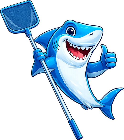 Blue the shark, TrueBlue's mascot, holding a pool net