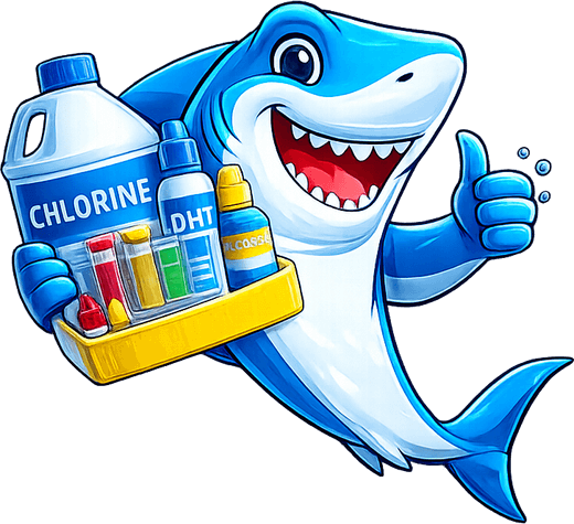 Blue the shark, TrueBlue's mascot, holding chlorine and a water test kit