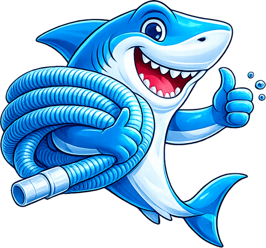 Blue the shark, TrueBlue mascot, hauling a pool vacuum hose